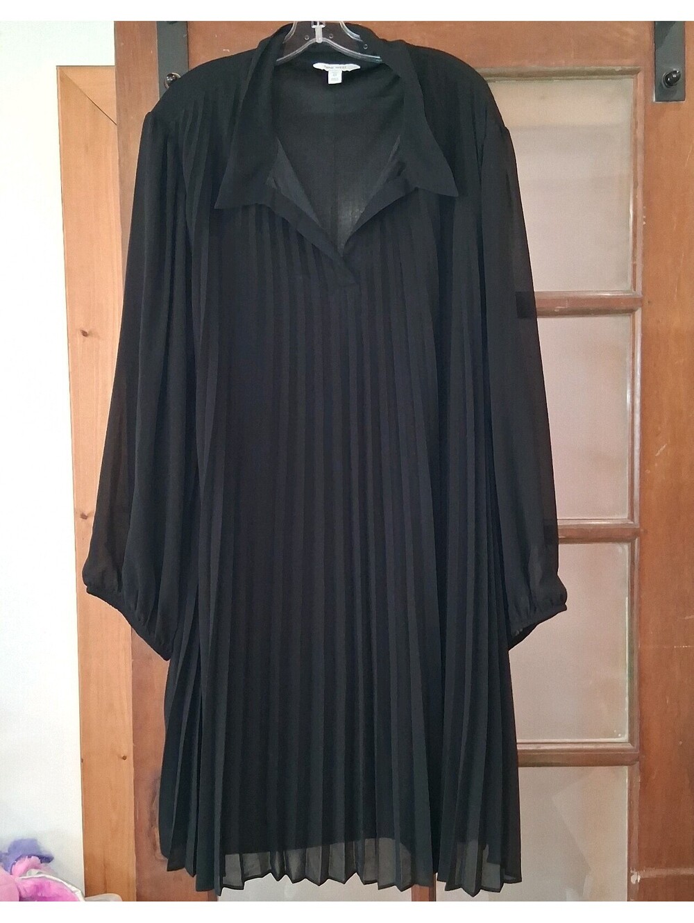 Nine West Black Pleated Chiffon Shift Dress 4X Whimsigoth Long Sleeve Mini Dress